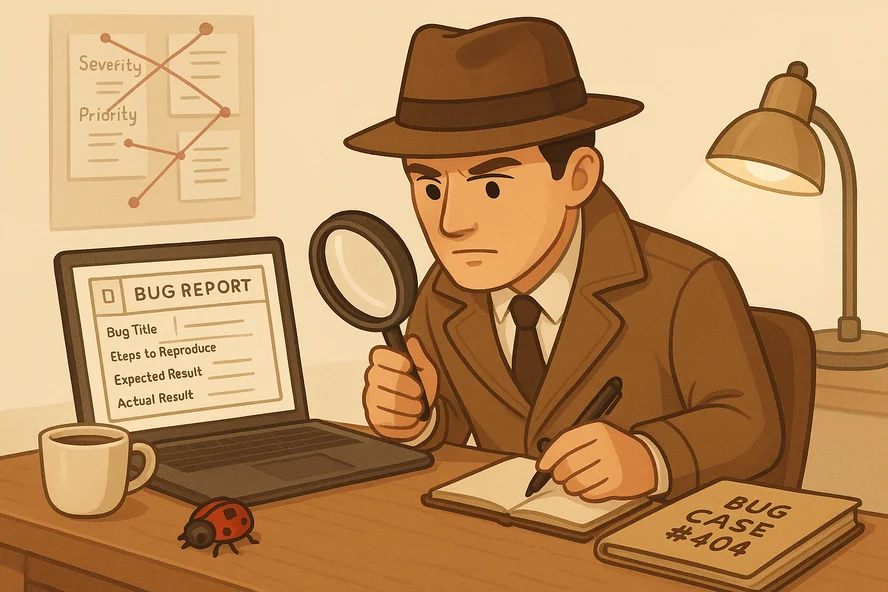 Тестировщик оформляет баг-репорт, анализируя найденный дефект в программе.
