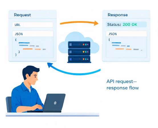Схема процесса тестирования API: HTTP-запрос от клиента к серверу и ответ с JSON-данными и кодом состояния