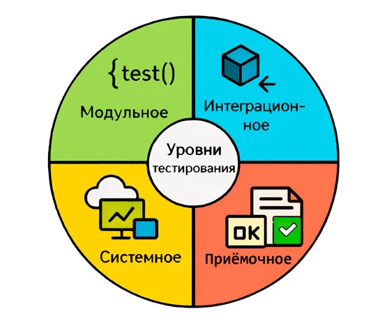 Уровни тестирования программного обеспечения: модульное, интеграционное, системное и приёмочное тестирование.