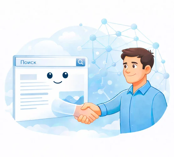 Человек взаимодействует с поисковой системой через понятный интерфейс, символизируя сотрудничество сайта и поиска на основе пользы и доверия.