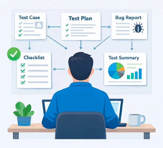 QA-инженер работает с тестовыми артефактами: тест-кейсами, тест-планом, баг-репортами, чек-листами и итоговым отчётом