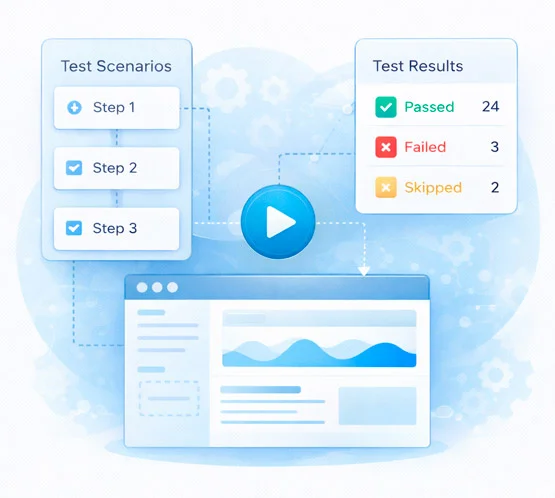 Схема процесса автотестирования программного обеспечения: сценарии тестов, автоматический запуск проверок, тестируемое приложение и итоговый отчёт с результатами выполнения.