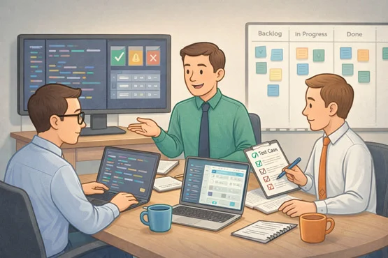 QA-инженеры и разработчики обсуждают тестирование и задачи проекта в команде разработки