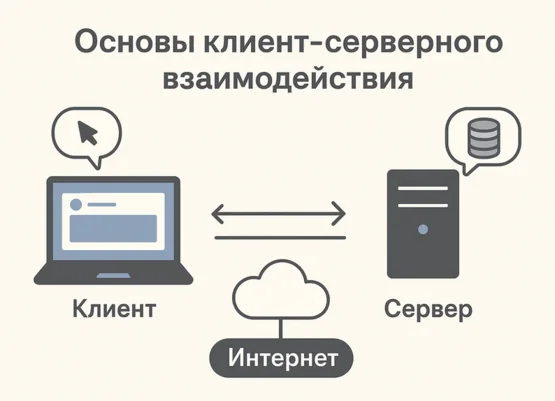 Схема клиент-серверного взаимодействия: клиент отправляет запрос серверу через интернет и получает ответ