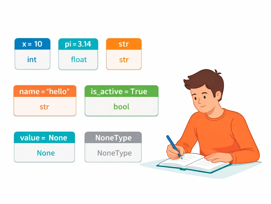 Изучение базовых типов данных Python: примеры переменных с int, float, str, bool и NoneType для начального этапа обучения.