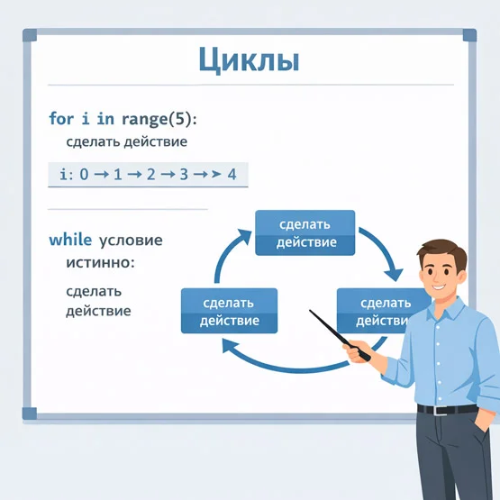Python: пример цикла for с range и счётчиком повторений, а также схема повторяющихся действий для цикла while.